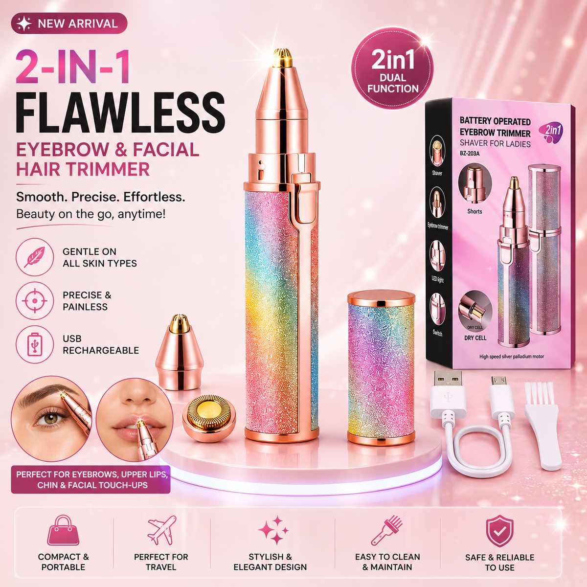 2-in-1 Flawless Eyebrow Rechargeable Trimmer | USB Rechargeable Flawless Eyebrow & Facial Hair Trimmer