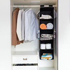 Closet with hanging clothes and a black vertical organizer.