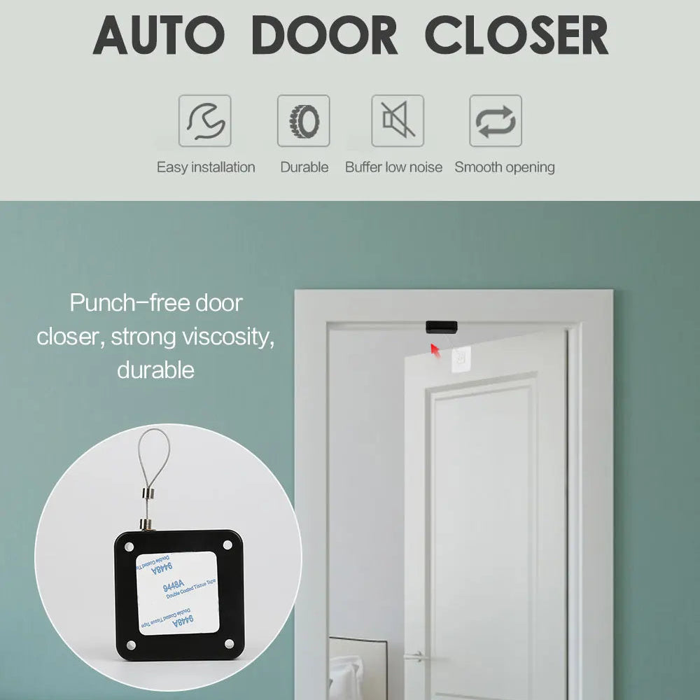 Auto door closer with installation instructions on a white door against a green wall.