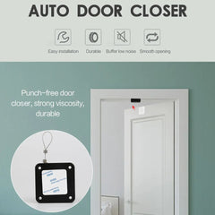 Auto door closer with installation instructions on a white door against a green wall.